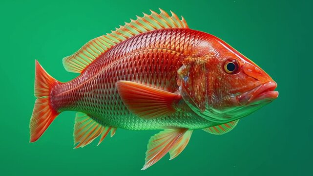 Close up shot of a vibrant red snapper fish swimming in a green colored water background scene green screen animal video