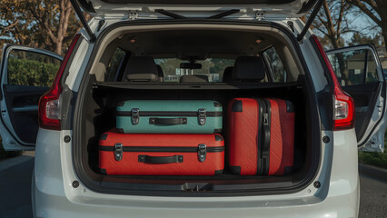 Spacious car trunk filled with neatly stacked suitcases, ready for a journey.