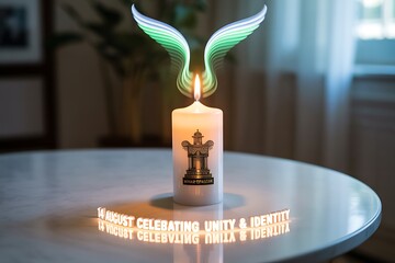 Illuminated candle with wings symbolizes unity and identity, perfect for national day celebrations and patriotic themes