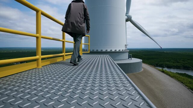 Person walking on metal platform with safety railing near wind turbine in energy sector engineering work environment under cloudy sky