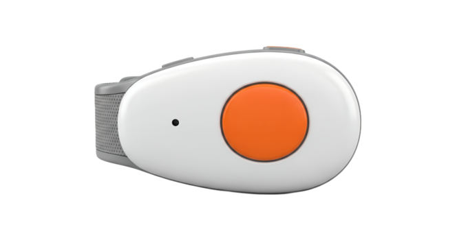 Personal Emergency Response System Device with White Oval and Orange Button on Gray Wristband Isolated on Transparent Background