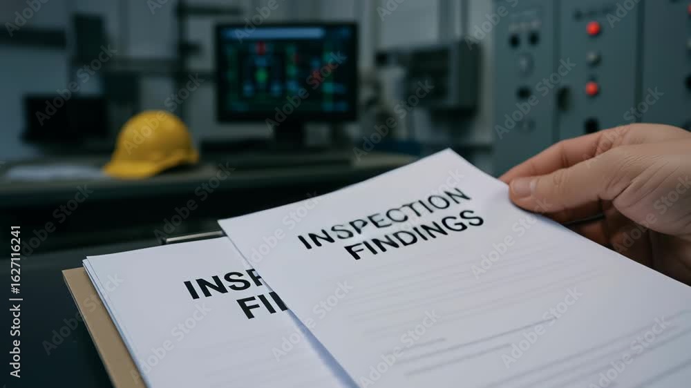 Poster inspection findings report document in engineering work environment highlights energy sector safety 