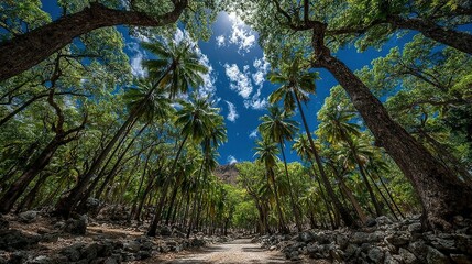 Sunlit Palm-Lined Path: A Tropical Canopy's Embrace