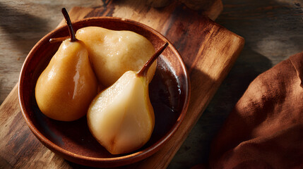 Close-up of poached pears in a bowl, showing their soft texture and golden hue on a rustic wooden surface.