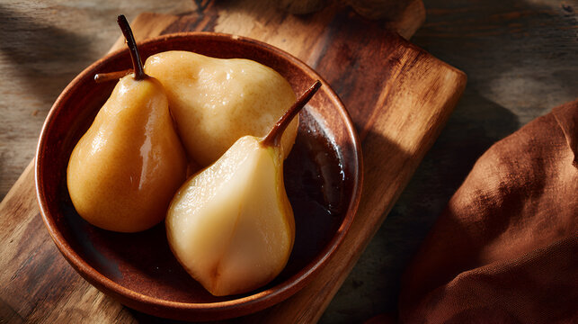 Close-up of poached pears in a bowl, showing their soft texture and golden hue on a rustic wooden surface.