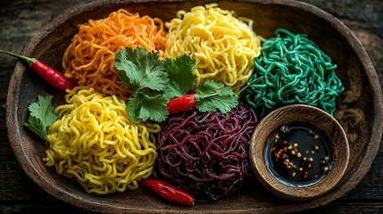 Vibrant Rainbow Noodles Arranged Artfully with Chili and Cilantro in Rustic Bowl