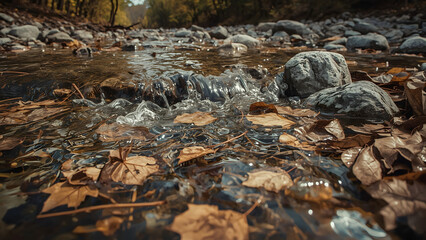 Fototapeta premium Shallow stream flows over rocks and autumn leaves.