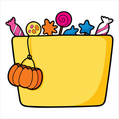 Vector illustration of cartoon Halloween bucket filled with candy isolated on white background perfect for Halloween party invitations and spooky designs