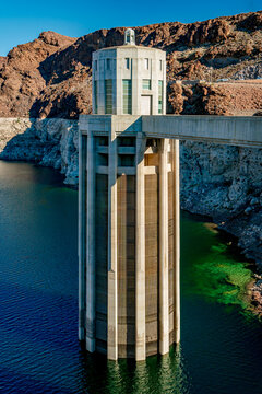 Hoover Dam area on the Colorado River between Nevada and Arizona creating Lake Mead and generating power for Las Vegas