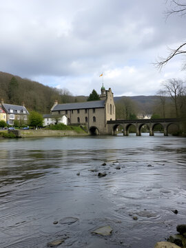 Abbey Bridge and Weir on the River Tavy in Tavistock, Devon.