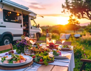 Outdoor dining by RV at sunset