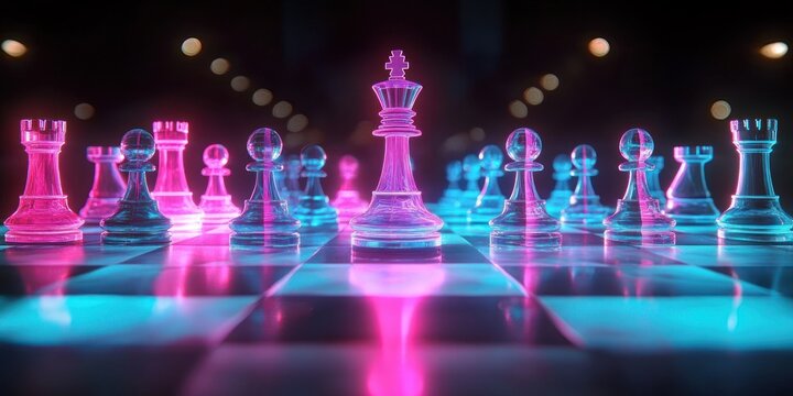 Glowing glass chess pieces set on a checkered board with pink and blue neon lighting creating a futuristic and intense atmosphere