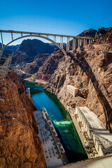 Hoover Dam area on the Colorado River between Nevada and Arizona creating Lake Mead and generating power for Las Vegas
