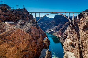 Hoover Dam area on the Colorado River between Nevada and Arizona creating Lake Mead and generating power for Las Vegas
