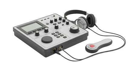 Realistic Gray Audio Recording Device with Headphones and Wired Controller on Transparent Background Featuring Knobs Buttons Screen Minimalist Design Perfect For Stock Photos