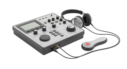 Realistic Gray Audio Recording Device with Headphones and Wired Controller on Transparent Background Featuring Knobs Buttons Screen Minimalist Design Perfect For Stock Photos