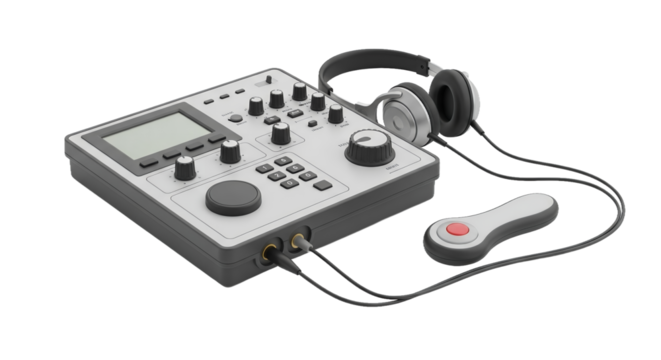 Realistic Gray Audio Recording Device with Headphones and Wired Controller on Transparent Background Featuring Knobs Buttons Screen Minimalist Design Perfect For Stock Photos