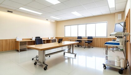 A spotless medical table with a polished stainless steel surface is neatly arranged