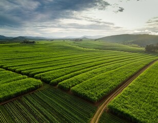 aerial view of lush green sugarcane field in springtime