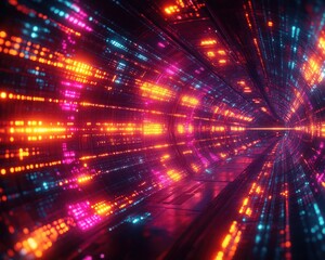 Vibrant futuristic tunnel with glowing multicolored lights in pink, orange, and blue hues creating a dynamic digital corridor effect