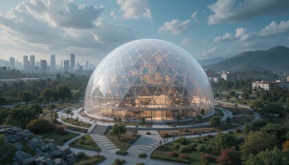 Futuristic Glass Dome Building in City Park