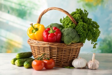 Fototapeta premium Vibrant fresh vegetables overflowing from a rustic basket, showcasing healthy eating