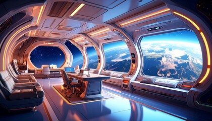 Fototapeta premium Futuristic spaceship interior with large windows