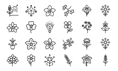 Creative Floral Line Art Icons Set – 25 Minimal Botanical and Bloom-Inspired Outline Symbols Featuring Growth, Innovation, and Decorative Nature Motifs