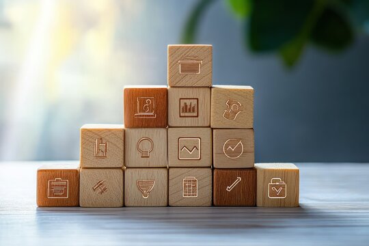Stack of wooden blocks with various business and finance icons engraved, including graphs, charts, documents, light bulbs, and briefcase, symbolizing growth and strategy under soft natural light