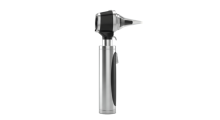 Silver and Black Otoscope Medical Instrument on White Background For Healthcare and Diagnostic Use Shining Light For Ear Examination