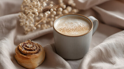 Cozy Morning Treat: Coffee and pastry with dried flowers on a linen cloth. Relax and enjoy the moment.