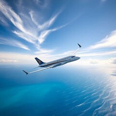 Obraz premium A passenger airplane soars gracefully above the sparkling blue ocean, depicting freedom and adventure against the backdrop of a stunningly vibrant sky and serene water.