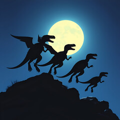 A group of agile velociraptors leaping over rocks their silhouettes outlined against the moonlit sky.