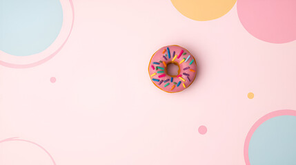 single vibrant donut with colorful icing sits atop pastel background showcasing abstract design elements