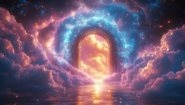 A glowing arched gateway surrounded by swirling cosmic clouds and stars opens to a radiant sunrise above reflective water, evoking wonder and transcendence