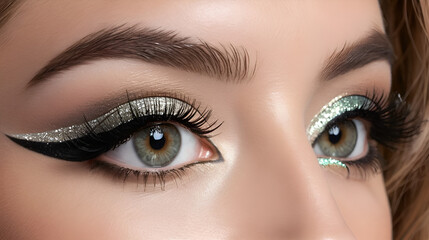 Fototapeta premium A close up of perfect winged eyeliner and shimmering eyeshadow, paired with full, fluttering lashes