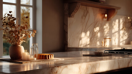 Still life in neutral tones: warm kitchen decor with natural light, autumn leaves, and golden accents