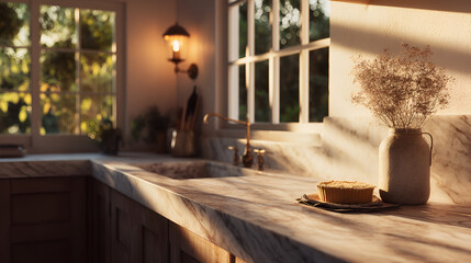 Cozy kitchen interior with natural sunlight, pastry, floral arrangement, and marble countertop.