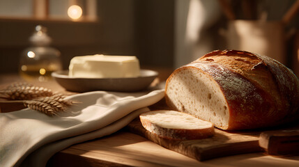 Freshly baked bread and butter on a wooden board bathed in warm sunlight. Rustic charm.