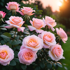 Pink roses in the evening garden, summer flowers floral background