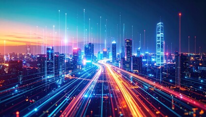 Futuristic Cityscape with Digital Highway