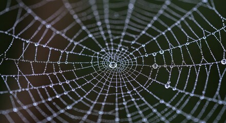 Obraz premium Delicate Cobweb with Sparkling Water Droplets on a Dark Green Background