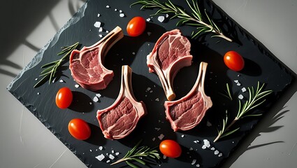 Raw lamb chops with tomatoes and rosemary meat