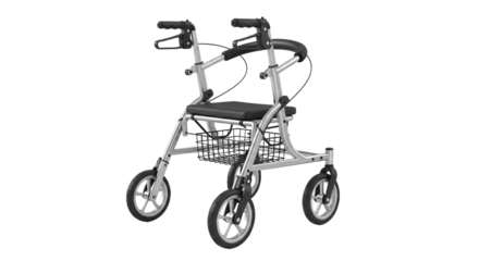 Silver Mobility Walker with Padded Seat and Four Wheels on a Clean White Background Offering Medical Support and Portable Design for Elderly and Disabled Individuals