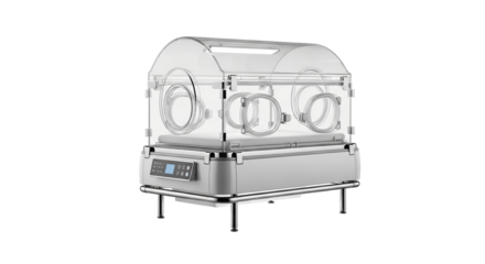 Silver Neonatal Intensive Care Unit Incubator with Transparent Domes on White Background Studio Shot Featuring Advanced Technology for Newborn Healthcare