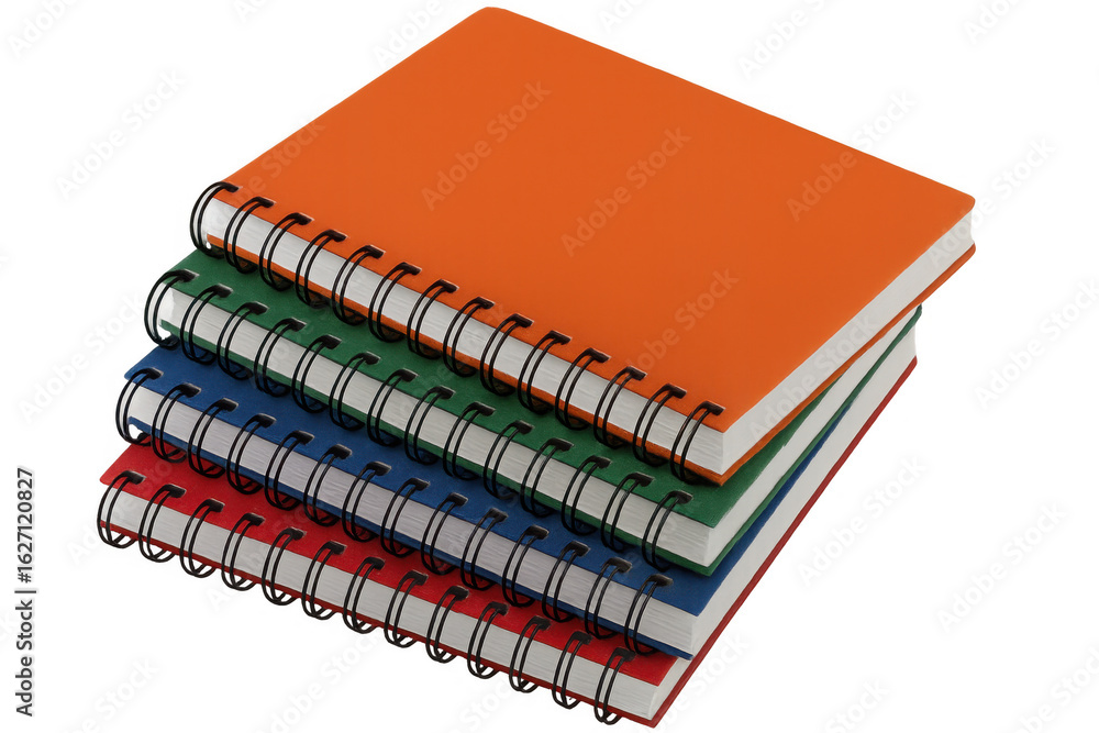 Poster vibrant stack of spiral-bound notebooks, isolated on a transparent background, ready for note-taking