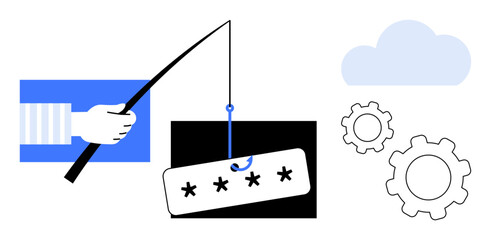Hand with a fishing rod catches a password plaque. Cloud and gears in the background. Ideal for phishing awareness, cybersecurity, hacking prevention, online safety, data protection, tech threats