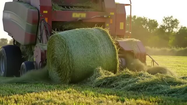 Hay baler compressing a large bale in a field