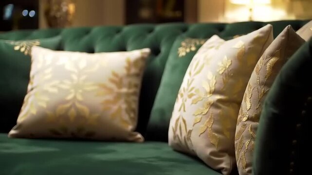 Luxurious emerald green sofa with ornate cream and gold throw pillows