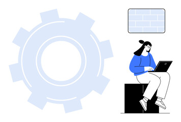 Woman seated with a laptop next to a large gear shape and a brick wall element, symbolizing technology, productivity, collaboration, innovation, workflow optimization, creativity, and planning as